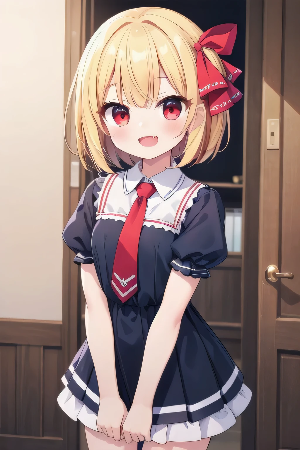 masterpiece, top quality, super detailed, CG illustration, high resolution, better lighting, best shadows, very delicate and beautiful, proper shading, hd, 8k,rumia, 1girl, solo, looking at viewer, smile, short hair, open mouth, blonde hair, shirt, red eyes, dress, ribbon, hair ribbon, short sleeves, necktie, fang, puffy sleeves, red necktie, v arms