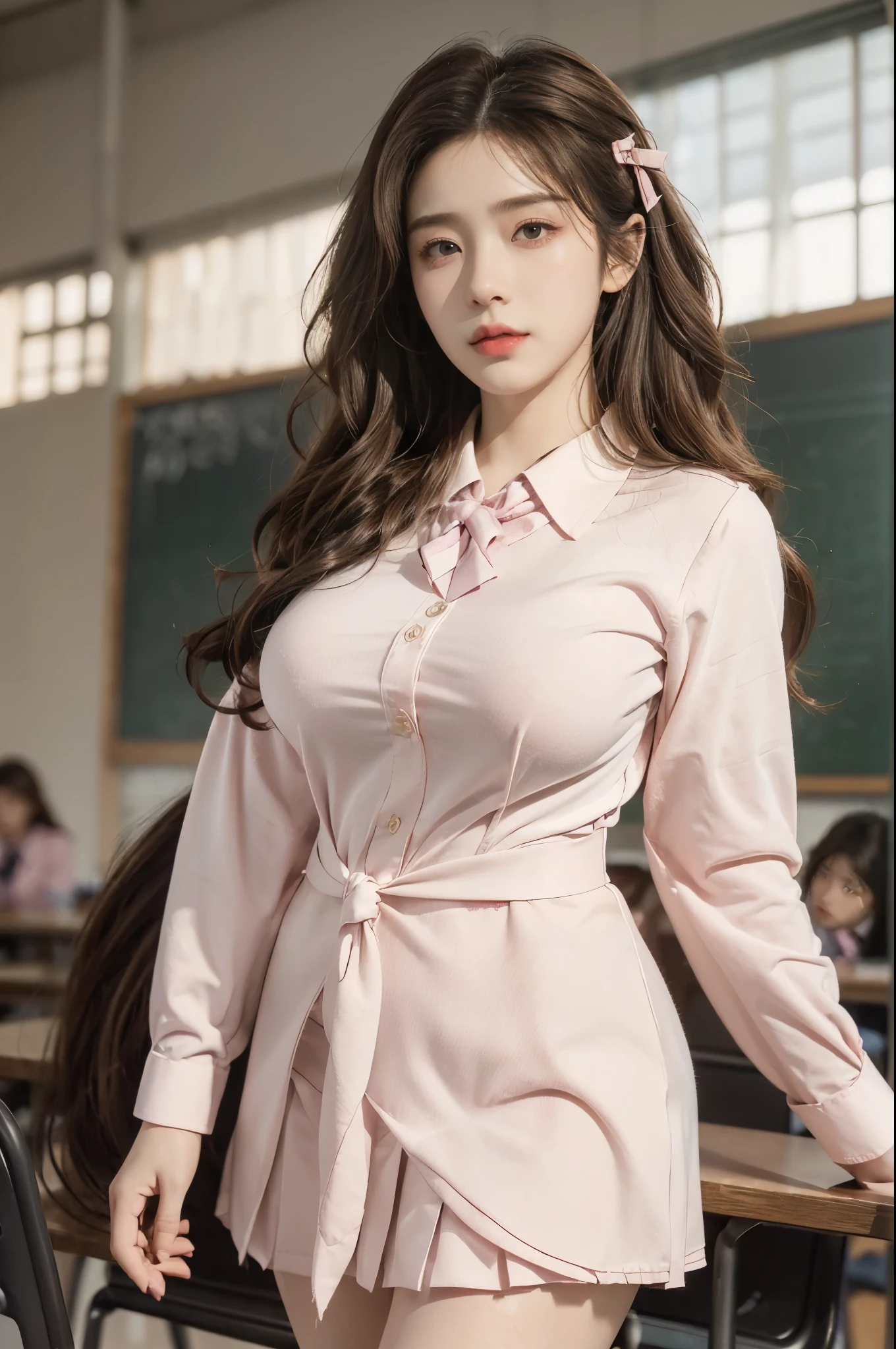 (1 girl:1.3), break, half body shot, Japanese, 17 year old supermodel, Chubby body type, plump, high school girl, (from side), (highest quality:1.4), 32K resolution, (realistic:1.5), (Ultra-realistic:1.5), High resolution 32k UHD, (masterpiece:1.2)), (Improvement of quality:1.4), (very beautiful facial details), (Highest quality realistic skin texture:1.4), (perfect anatomy:1.2), (Are standing:1.37), break, arms up, (((school uniform, patterned ribbon tie, pink collared long sleeve shirt:1.15))), red plaid pleated skirt, break, Does not emphasize the bust top, ((In the classroom:1.15)), precise fingers, Super detailed, symmetrical eyes, view audience,natural makeup, ((A good eye for quality:1.2)), (tired, sleepy and satisfied:0.0), (fine lips:1.33), (fine nose:1.2), ((Physically based rendering of the background:1.37)), curvy:1.2, large breasts), (heavy chest:1.1, plump lower body), brown hair, (wavy hair:1.37), Anxious face, Gentle light hits your face and body, epic and emotional movie lighting