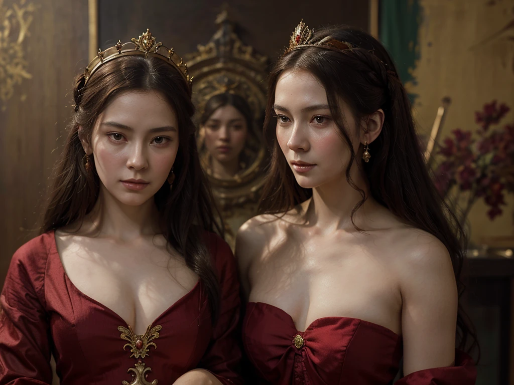 a painting of a woman in a red dress and a gold crown, an oil on canvas painting inspired by Chen Yifei, Artstation contest winner, fantasy art, in a high renaissance style, masterpiece! portrait of arwen, in a renaissance style, beautiful character painting, realistic renaissance portrait, eve ventrue, artwork in the style of guweiz, in renaissance style