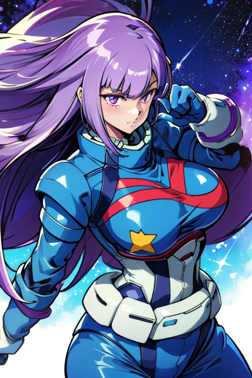 Perfect artwork、(One Girl)、(Mecha Girl、mecha musume)、((The perfect woman))、
Beautiful Face、Glowing Skin、Big breasts and small waist、
Purple Hair、Hair length、star mark、Blue pilot suit、