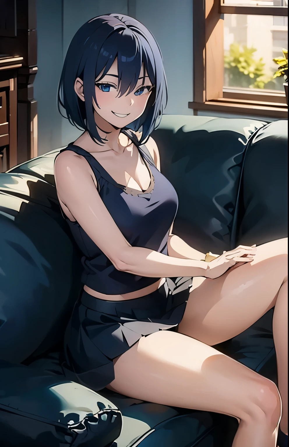 Navy Blue Hair、(Wicked Smile:1.4)。Front view、living room、Sit on the sofa、(Women on their period, older sister, Big Breasts:0.8)、Slim Body。Sleeveless feminine blouse、flare skirt、