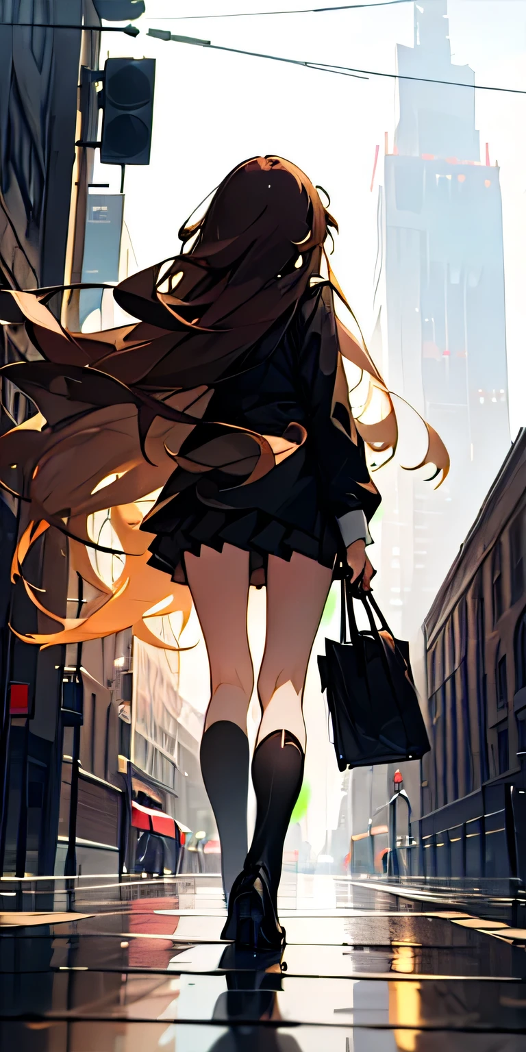 (masterpiece, best quality), girl with brown long hair and golden eyes walkin in city, after rain, cloudly sky, black outfit, wear mini skirt with stocking, facing away from the camera look at the sky