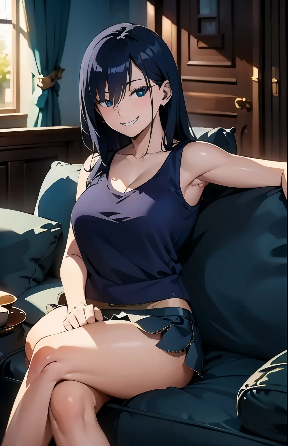 Navy Blue Hair、(Wicked Smile:1.4)。Front view、living room、Sit on the sofa、(Women on their period, older sister, Big Breasts:0.8)、Slim Body。Sleeveless feminine blouse、flare skirt、