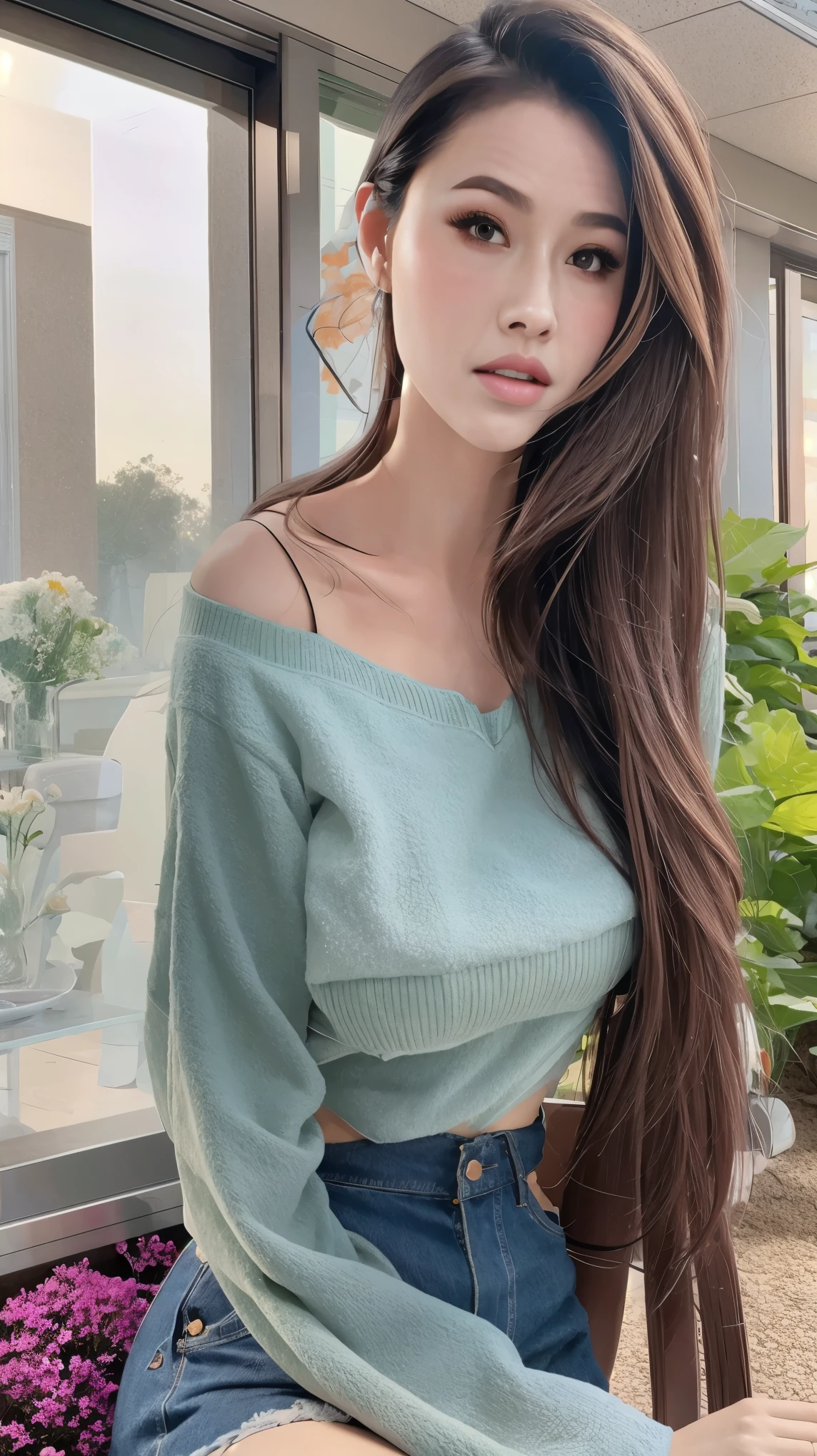Fashion model 18 years old [[[[Close-up cleavage]]]], [[[[]]]], [[[[Cole]]]], [[[[bShoulder]]]], Perfect eyes, Perfect iris，Perfect lips，perfect teeth，Perfect skin，Fair skin，Soft front light，High Dynamic Range，((Casual wear))，Elegant posture，Elegant Movement，The background is indoors，Green trees outside the window，Flowers，4k ultra high definition, Ultra-high resolution, (Realistic: 1.4), best quality，masterpiece，Super dilution，（pastel colors：1.2）