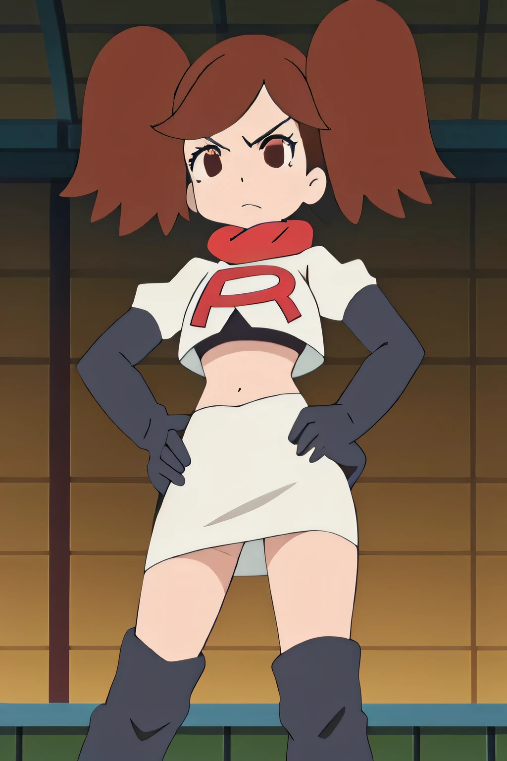 masterpiece,best quality,high res,high quality,8k, masterpiece,highres, team rocket uniform, red letter r, white skirt,white crop top,black thigh-high boots, black elbow gloves, glaring angrily, looking down at viewer, hands on hips, cowboy shot, zettai ryouiki,spread legs,from below, black panties,anime style, vivid colors, sharp focus, intense lighting,namida suzameno,two braids,brown hair,brown eyes