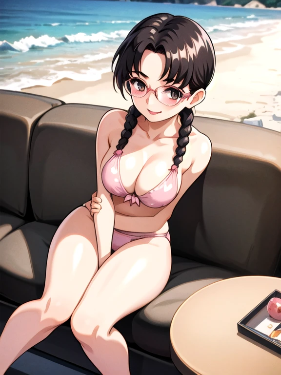 (masterpiece), (highest quality:1.0), (Ultra-high resolution:1.0),
,Beach, One girl, alone, ,View the viewer, Swimwear, arima_Ayumi,Long Hair,Black Hair,25-year-old woman, Single Pigtail,Pink Lip, Glasses,,1 braid,, smile,