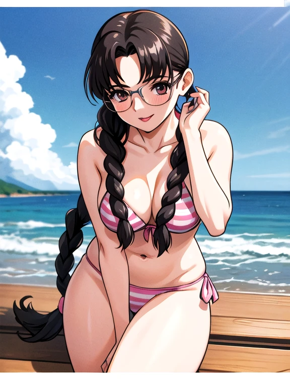 (masterpiece), (highest quality:1.0), (Ultra-high resolution:1.0),
,Beach, One girl, alone, ,View the viewer, Swimwear, arima_Ayumi,Long Hair,Black Hair,25-year-old woman, Single Pigtail,Pink Lip, Glasses,,1 braid,, smile,
