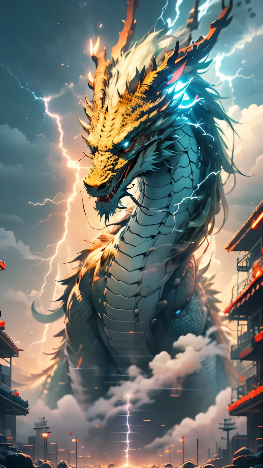 A mecha dragon，Mecha Chinese dragon，A technology background that is ahead of the future，Domineering，multiple lighting sources，Complex structures，Cyber city background，Buildings，the night，with light glowing，（（tmasterpiece，best qualtiy）），illustration，Ultra-detailed 8K，Clear focus，A highly detailed，Professional lighting，Colorful detailed，