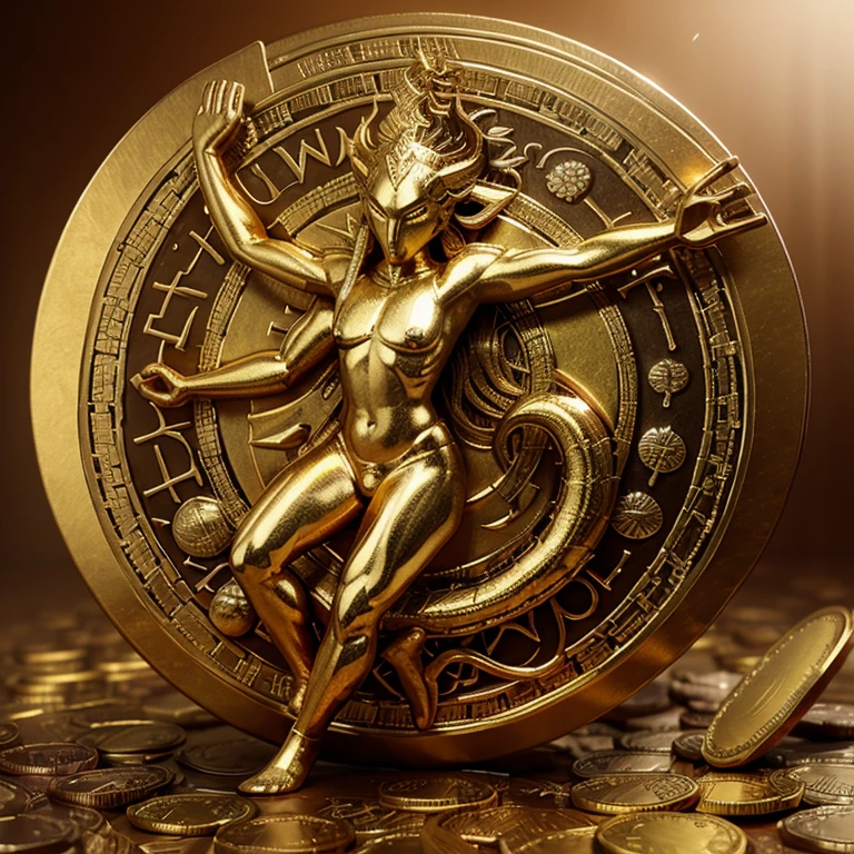 Illustrate a mythical creature or deity associated with wealth and prosperity surrounded by digital currency symbols
