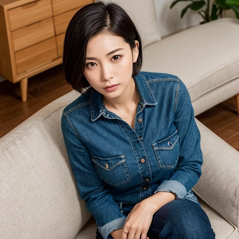 The face of a beautiful Japanese woman in her thirties with short hair, sitting on a blue sofa wearing a dark blue long-sleeved cotton shirt and jeans pants, looked a little surprised when she heard the unexpected proposal. Focal length 100mmf/2.8, spring evening, sunny, living room on the upper floor of a high-rise apartment, well-shaped face, toned body, close-up of expression, bird's-eye view, sense of presence, 8K image quality, highest quality.