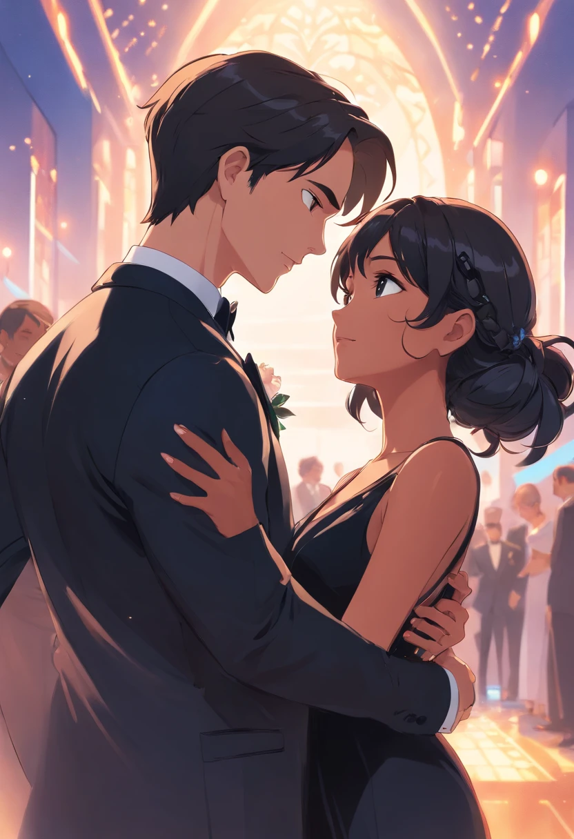 A Indian woman (in black saree) and American man (in black tuxedo) looking each other lovingly