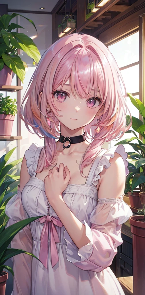 ((masterpiece)), chest, Looking_in_Audience, short hair, (Multicolor_eye:1.5), (pink hair:1.8), Front hair, green_eye, ((Light_smile)), (length locks:1.4), (ribbon earrings) , masterpiece, 最high quality, high quality, Absurd, Shiny skin, colorful, Dynamic pose, Great art, 最high quality, Super detailed, Dynamic Angle, beinlful detailed, reflective hair, good Lighting, Ray Tracing, depth of Field, Super detailed, illustrinion, wonderful, The finer details, Very detailed, ((Very detailedな)), (Beautiful girl in detail), Beautiful sparkle, intricine detail, High resolution, an extremely delicine and beautiful, beautiful detailed eye, Realistic, High resolution, round eye, detailed facial feinures, (illustrinion), (beautiful detailed eye), ((Very detailedな顔)), depth_of_Field, Eyebrow_appear_Through_hair, Frills, Looking_in_Audience, (Upper Body: 1.4), clothes reflecting Light, (diffraction of Light on skin: 1.35), (Shiny skin: 1.55), (Iris Effect: 1.55), clavicle, white_shirt, length_sleeve, choker, flower, camera, (indoor, Potted plants: 1.5), critical angle,