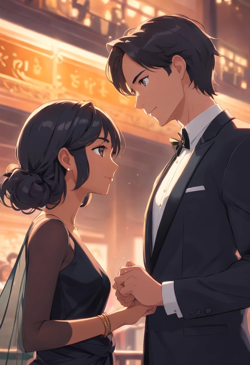 A Indian woman (in black saree) and American man (in black tuxedo) looking each other lovingly