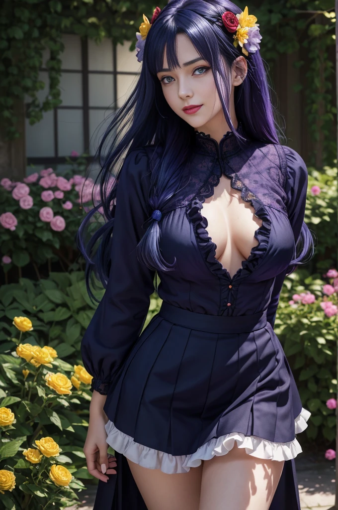 (absurdres, highres, ultra detailed), masterpiece, hinata(boruto), ((solo)), 1girl,medium breasts, long purple victorian style dress, closed mouth, (((long hair))),standing, the bodice and the skirt pattern, frill skirt, lace, blink blink effect, (((detailed lips))), garden, pink and yellow flowers,  ((realistic skin)), glowing skin, ((glossy red lips)), purple eyes, portrait, beautiful, smile, (((dark blue hair))), bust crop, normal skin, spreading legs, 