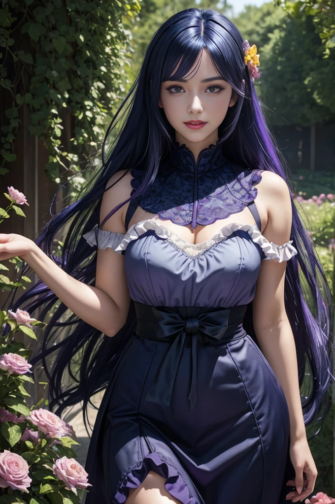 (absurdres, highres, ultra detailed), masterpiece, hinata(boruto), ((solo)), 1girl,medium breasts, long purple victorian style dress, closed mouth, (((long hair))),standing, the bodice and the skirt pattern, frill skirt, lace, blink blink effect, (((detailed lips))), garden, pink and yellow flowers,  ((realistic skin)), glowing skin, ((glossy red lips)), purple eyes, portrait, beautiful, smile, (((dark blue hair))), bust crop, normal skin, spreading legs, 