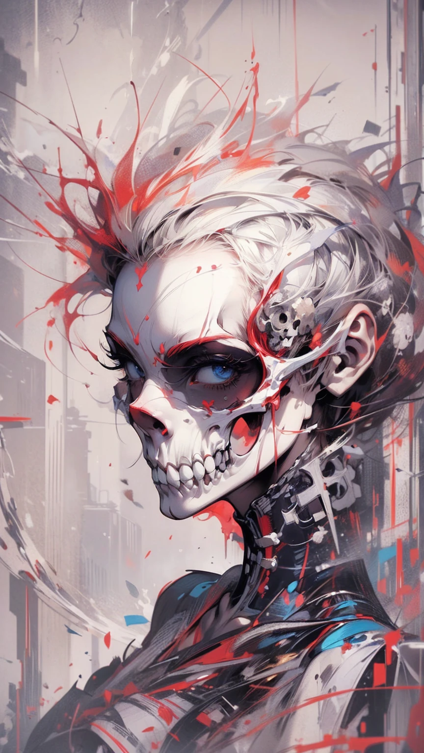 (masterpiece, High resolution, highest quality), Skull with short hair, Structure from head to thighs:1.3, Focus on the upper body, fashionable, abstract design, artistic juxtapositions, mixed-media approach, Anime Style, Simple lines, Digital Painting,