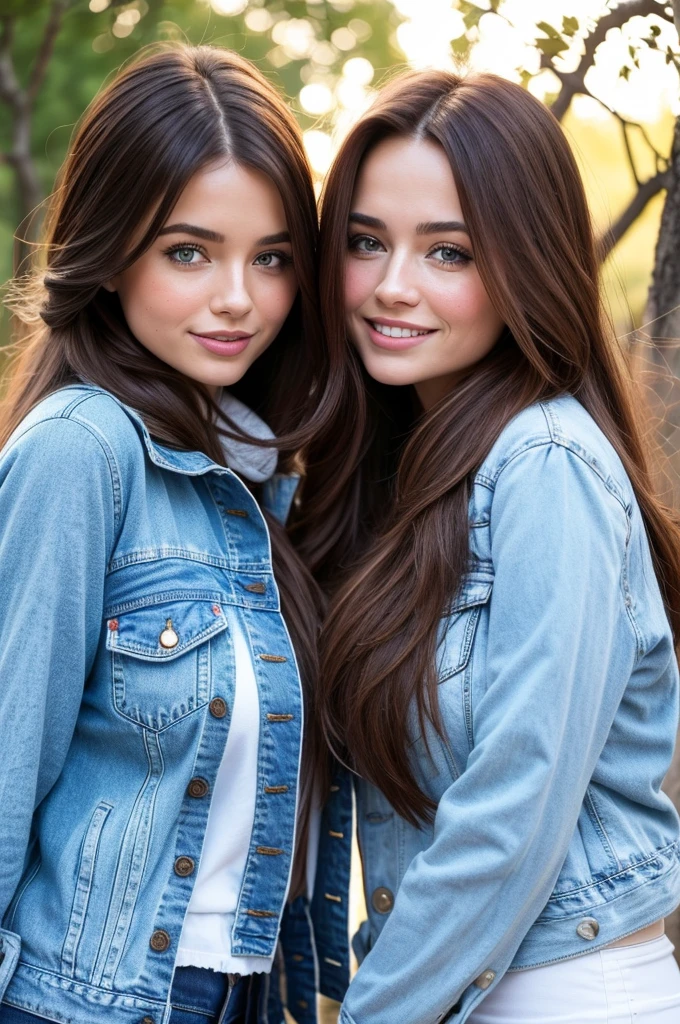 Professional photograph, best quality, 8K, hyper detailed, half body, A close up portrait of two gorgeous, beautiful, wonderful women, argentinian and russian females together posing for the camera, both women have super long hair, argentinian girl has brown hair and russian girl has dark blonde hair, the both of them are wearing winter clothing, both girls are wearing denim jackets. Both women are wonderful, dream, ethereal, timeless, majestic beauties from Argentina and Russia, they're glad, smiling and enjoying taking a picture at backyard.
