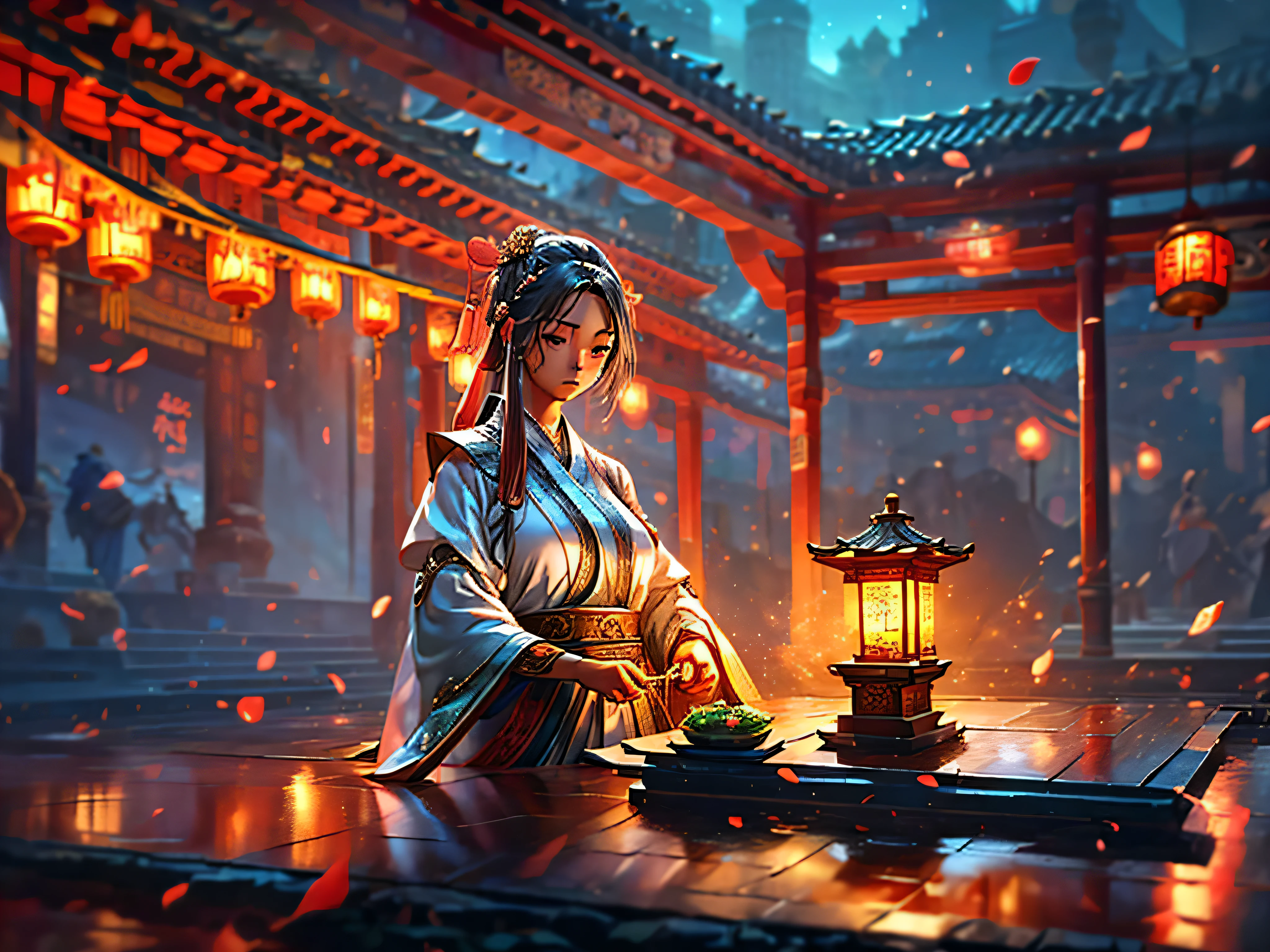 (best quality, 4k, 8k, highres, masterpiece:1.2), ultra-detailed, (realistic, photorealistic, photo-realistic:1.37), Chinese style, traditional Hanfu, poetic, elegant, tranquil, soft colors, exquisite lighting, lotus flowers in the background, birds chirping in the distance, a gentle breeze gently blowing the girl's hair and clothes, a serene atmosphere, melancholy, sadness