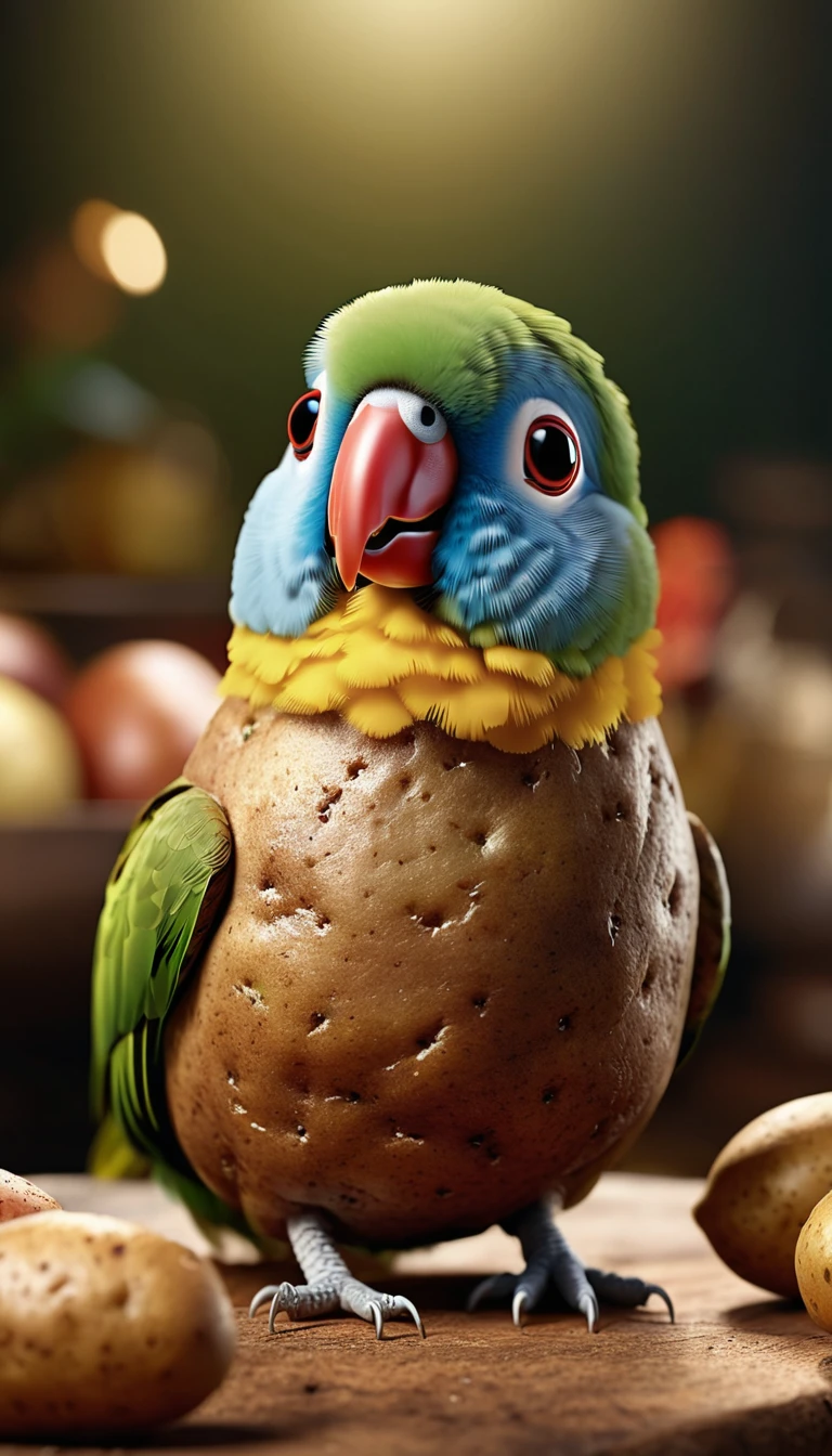 Foodpets Very cute and charming anthropomorphic potato parrot, Looking at the audience, Macro, Movie Lighting, Fantasy Art, Dynamic Synthesis, Epic reality, Award-winning illustrations