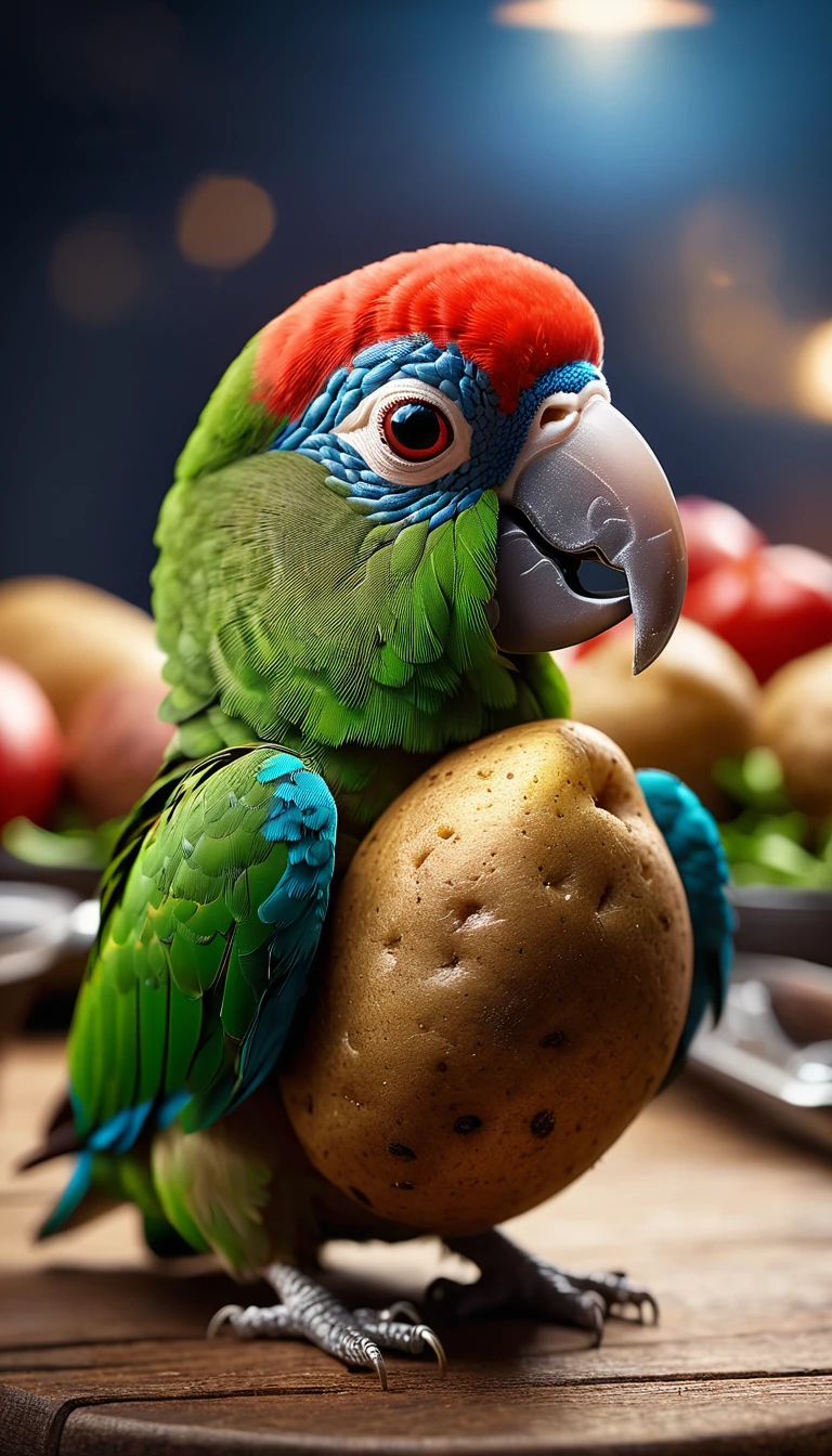 Foodpets Very cute and charming anthropomorphic potato parrot, Looking at the audience, Macro, Movie Lighting, Fantasy Art, Dynamic Synthesis, Epic reality, Award-winning illustrations