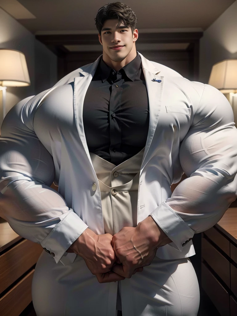 (best quality:1.5, hyperrealistic:1.5, photorealistic:1.4, madly detailed CG unity 8k wallpaper:1.5, masterpiece:1.3, enthusiastically detailed photo:1.2), (hyper-realistic lifelike texture:1.4), highly detailed, ((masterpiece, best quality)) ,extremely detailed 8K wallpaper, 1 korean male, (korean man with k-pop idol look), 20yo, handsome, detailed face, very muscular, stubble, formal suit & pants, prominent bulge, photo real, illuminating light, big, brutalmass, giant, muscular bodybuilder, bulk, massive body, large size, smile, office