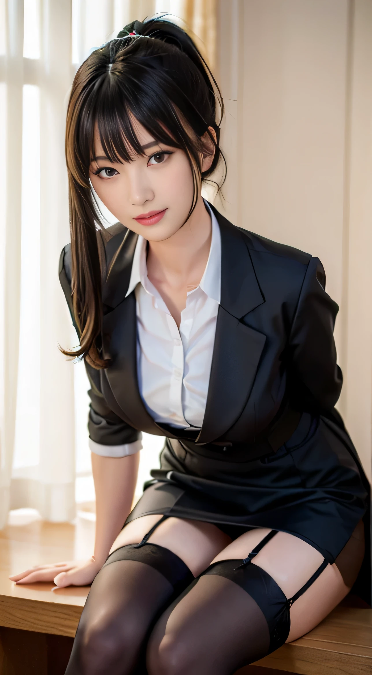 (highest quality,masterpiece:1.3,ultra high resolution,),(Super detailed,caustics),(Photoreal:1.4,RAW shooting,)ultra-realistic capture,very detailed,High resolution 16K human skin close-up。 natural skin texture、,The pores are、、、、Must be detailed enough to be easily identified。 Skin should look even-toned and healthy。 Use natural light and color,office,secretary,1 girl,Japanese,18-year-old,cute,black haired,ponytail, proportional breasts,small sized breast,gentle smile,sexy supine (Front view:1.1),look at the camera,cowboy shot, tight shirt,tit curtains,business shirt,short mini skirt with stocking,stocking,((long black stocking)),formal outfit,formal shirt, naughty face, alluring face
