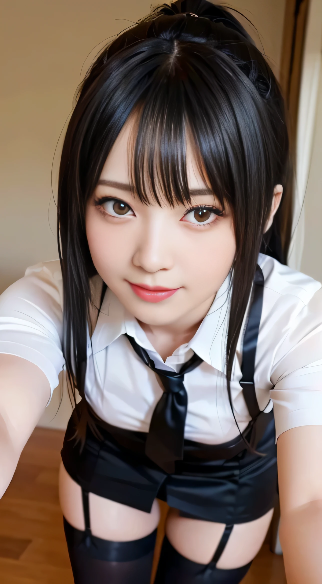 ,Short sleeved white shirt,Grey checked tie,Grey checked mini skirt,open mouth,(tongue out:2),lying,Selfie,looking ahead,from above,front view,cowboy shot,(1girl,Beautiful  girl),((Slender,Small breasts,Small face,)),looking at viewer,Black Hair,bangs,one side up,Beautiful and detailed,Mischievous smile,Dimly lit room,Simple Background,bed,pillow,best quality