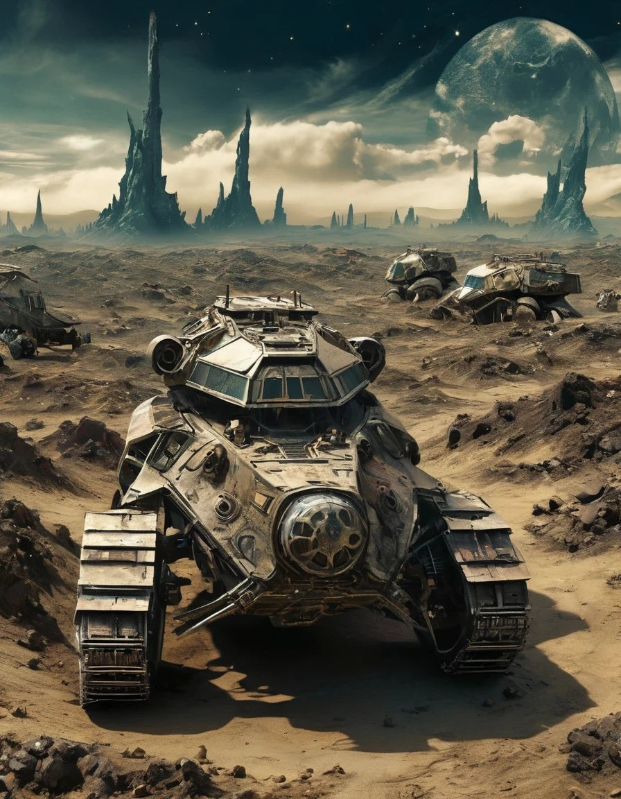 Apocalyptic Wasteland，Science fiction film,full of fantasyfantastical ideas,by van gogh,Big roundspaceship,Doomsday, wasteland style,hd,8