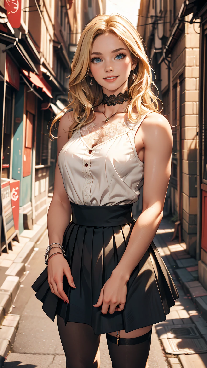 (highest quality, High resolution, masterpiece :1.3), 25-year-old Caucasian female、Platinum Blonde、blue eyes、Semi-long hair、My hair is wavy、smile、Slender but well-proportioned, slim and muscular body、I want my head to stay off screen、Wearing red nail polish、I have a peticure、smile、Wearing a sleeveless zipper-up top、Wearing a pleated skirt、I'm wearing high heels、I'm wearing black stockings、Low - Angle、Wearing accessories on wrists and ankles、Wearing a lace choker、Crouching by the wall in the alley、Hugging a kitten、Petting a kitten's head