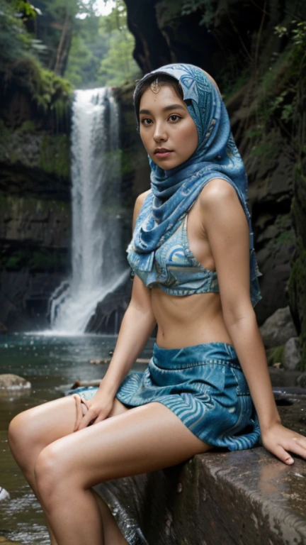 Craft a mesmerizing portrait that transports the Malay girl in hijab to a lush prehistoric landscape, where she stands beside a majestic waterfall, showcasing the bikini's fusion of modern style and timeless beauty