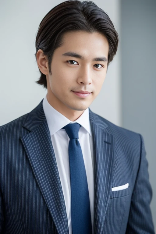 striped brown suit、　30-year-old handsome employee、Hair is neat.No short beard.no beard.　（Super handsome S-class suit guy）、　Japanese 30-year-old man、　merchant、　Ultra-luxury set、　office、　Stand up in a suitＳyoung handsome man、　Full body image、　（CG Unity 8K high-detail photos）、　（a very detailedＳThe handsome guy in the class）、　（Photos are real）、　　（（top quality））、　Super detailed、　（​Masterpiece）、　Ultra high quality、　High、　audience、　gentleman、　very beautiful hair、　short hair、　bright photos、　As handsome as a model、　As handsome as an idol、　Luxury watches、　Eyes balanced looking at the audience with a slight smile