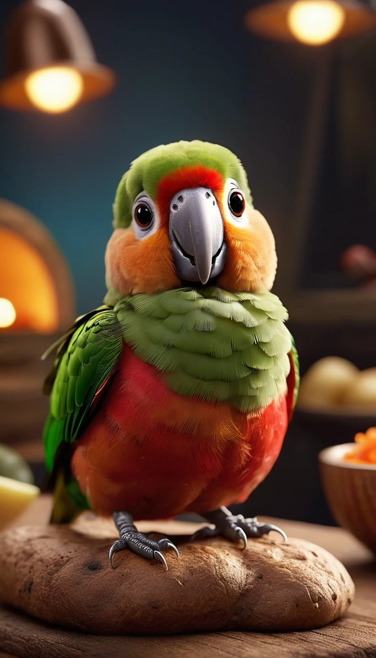 Foodpets Very cute and charming anthropomorphic potato parrot, Looking at the audience, Macro, Movie Lighting, Fantasy Art, Dynamic Synthesis, Epic reality, Award-winning illustrations