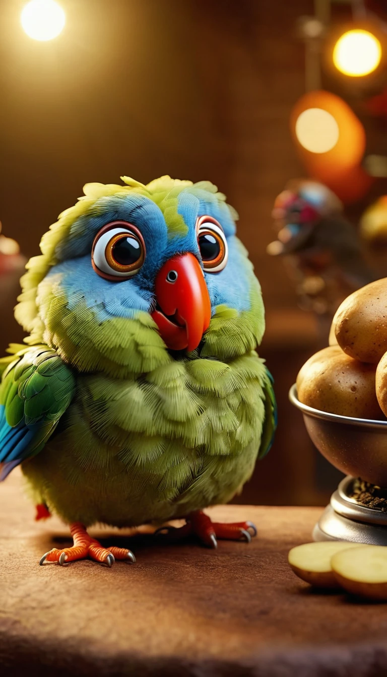 Foodpets Very cute and charming anthropomorphic potato parrot, Looking at the audience, Macro, Movie Lighting, Fantasy Art, Dynamic Synthesis, Epic reality, Award-winning illustrations