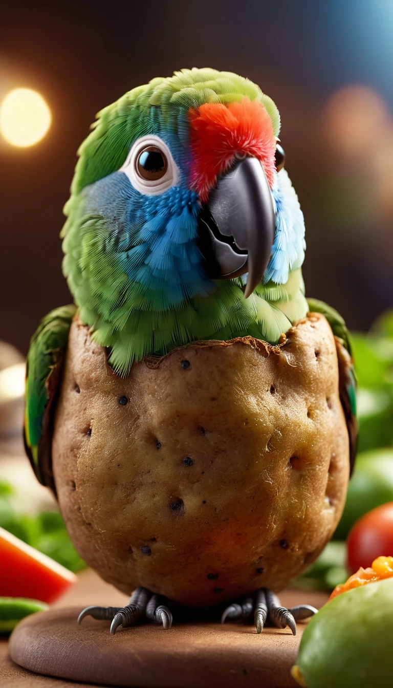 Foodpets Very cute and charming anthropomorphic potato parrot, Looking at the audience, Macro, Movie Lighting, Fantasy Art, Dynamic Synthesis, Epic reality, Award-winning illustrations