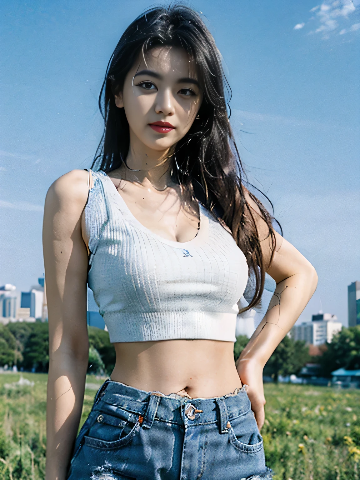 beautiful skyline, large meadow, The girl wore a ripped white crop top. and district blue denim shorts, perfect body: 1.4, Slim stomach: 1.2, Huge cleavage breasts,