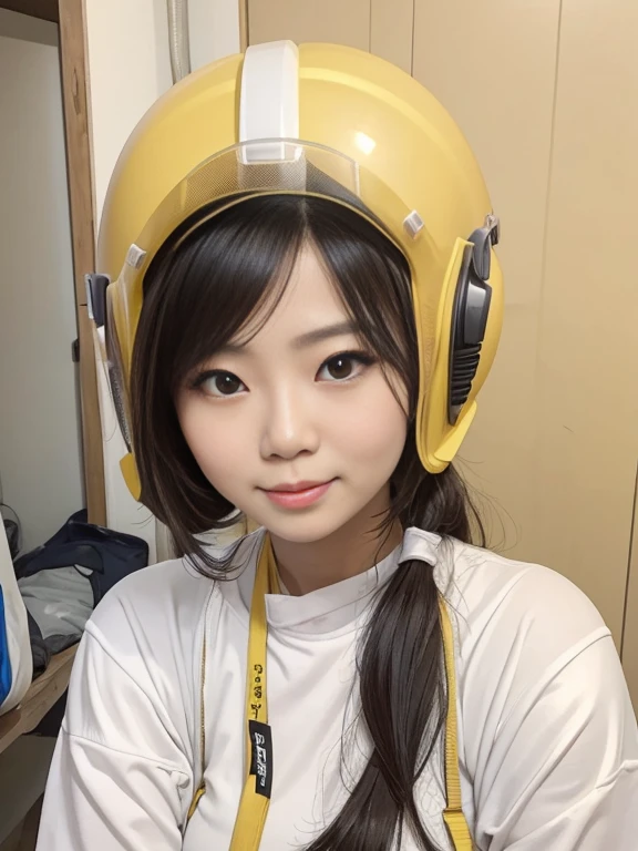 on construction site,Pregnant 30-year-old Taiwanese woman wearing yellow helmet,Half-length photo,pregnant belly