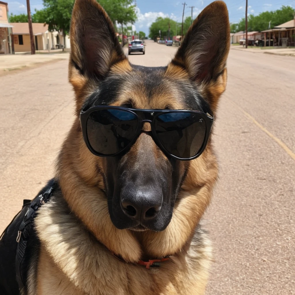 A german shepherd dog wearing sunglasses at a texan town, daytime, ultraleastic, 8k, photography,