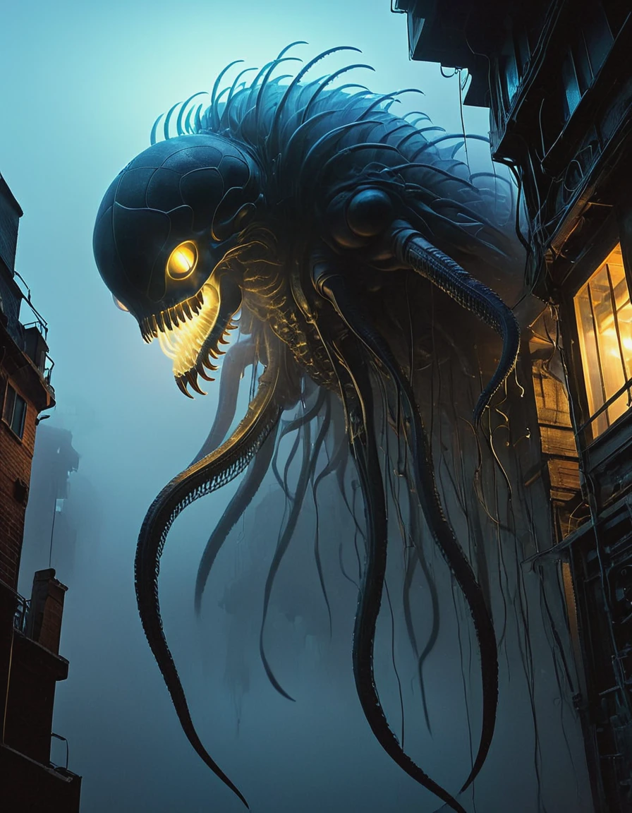 look up, (Giant transparent mutant), This creature has very short legs., Lots of black fog, Thick fog, Night Sky, Biochemical Mutation Nucleus, Teratoma, Bizarre, Bioluminescence Bioluminescence, Kistav Beksinski, Webbed feet and webbed tentacles, twitch, Winding, Erratic, Wrinkled, Microbiology Microbiology, There are several translucent resin wave style wired lighting fixtures, bryce 3d, A mural-like composition, Weathering Materials, gradient glow, reflection, High Detail, Surreal 3D landscape style, Complex mesh, light box, Made of feathers, new york bombing report, Interesting character design, Bokeh, dense teeth,
From below, upside down, Chiaroscuro, Ultra HD, masterpiece, Super Detail, High Details, high quality, The award-winning, best quality, , 16K,