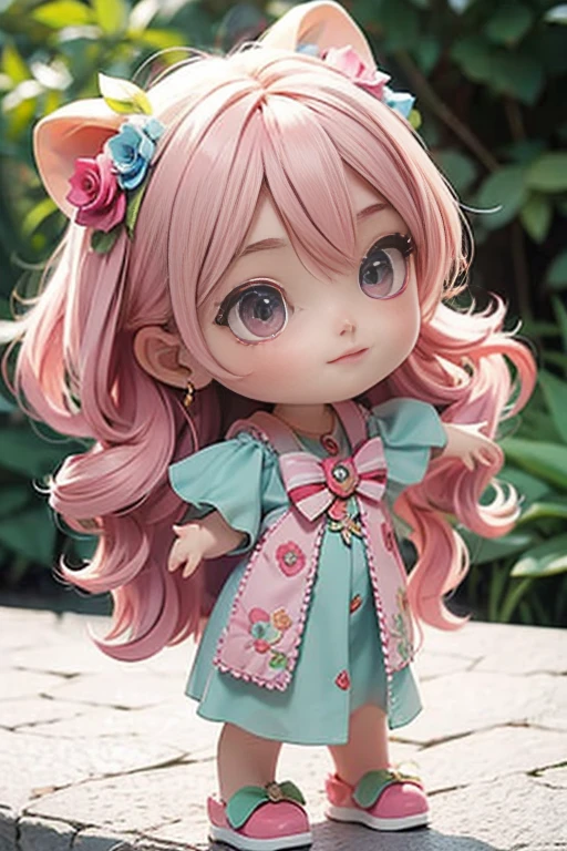 Mulher bonita, cabelo colorido, loiro com rosa, chibi
