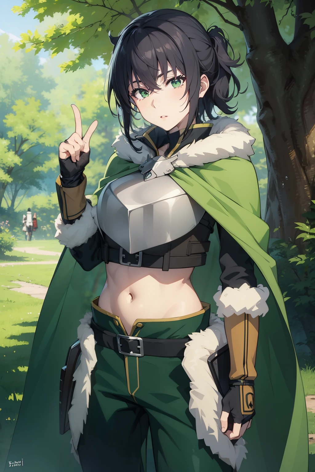 (masterpiece), best quality, expressive eyes, perfect face, highres, 1 girl, solo, (female body:1.3), iwatani naofumi girl, black hair, green eyes, fur trim, armor, green cape, pants, fingerless gloves, outdoor, forest, trees, standing, portrait, looking at the viewer