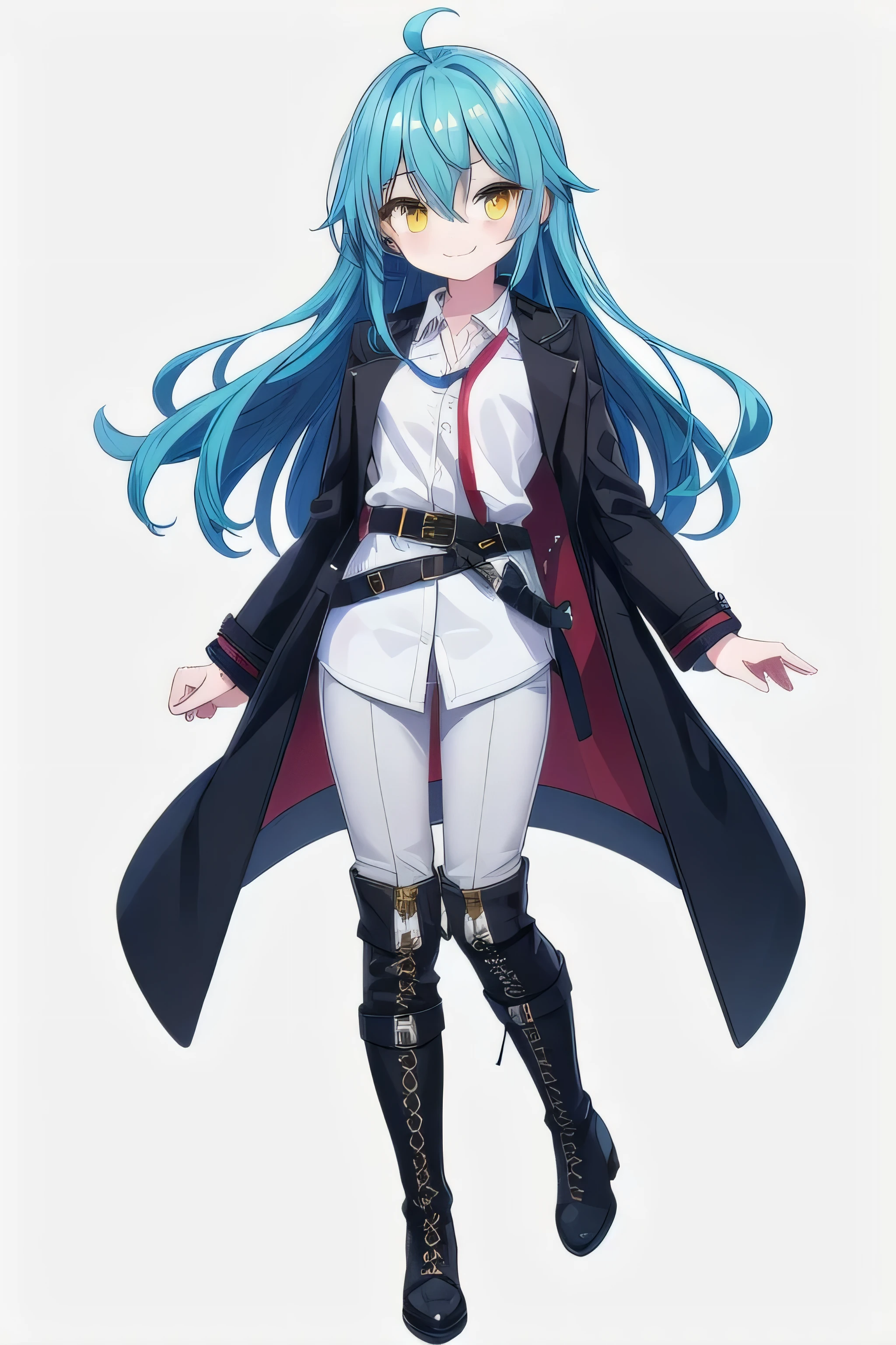 masterpiece, top quality, super detailed, CG illustration, high resolution, better lighting, best shadows, very delicate and beautiful, proper shading, hd, 8k,rimuru tempest, solo, long hair, looking at viewer, smile, bangs, simple background, shirt, long sleeves, white background, hair between eyes, closed mouth, blue hair, standing, full body, yellow eyes, white shirt, boots, open clothes, shiny, collared shirt, belt, pants, black footwear, shiny hair, coat, dress shirt, floating hair, knee boots, wing collar, androgynous, 1other, buckle, cross-laced footwear, black belt, open coat, black coat, belt buckle, lace-up boots, grey pants