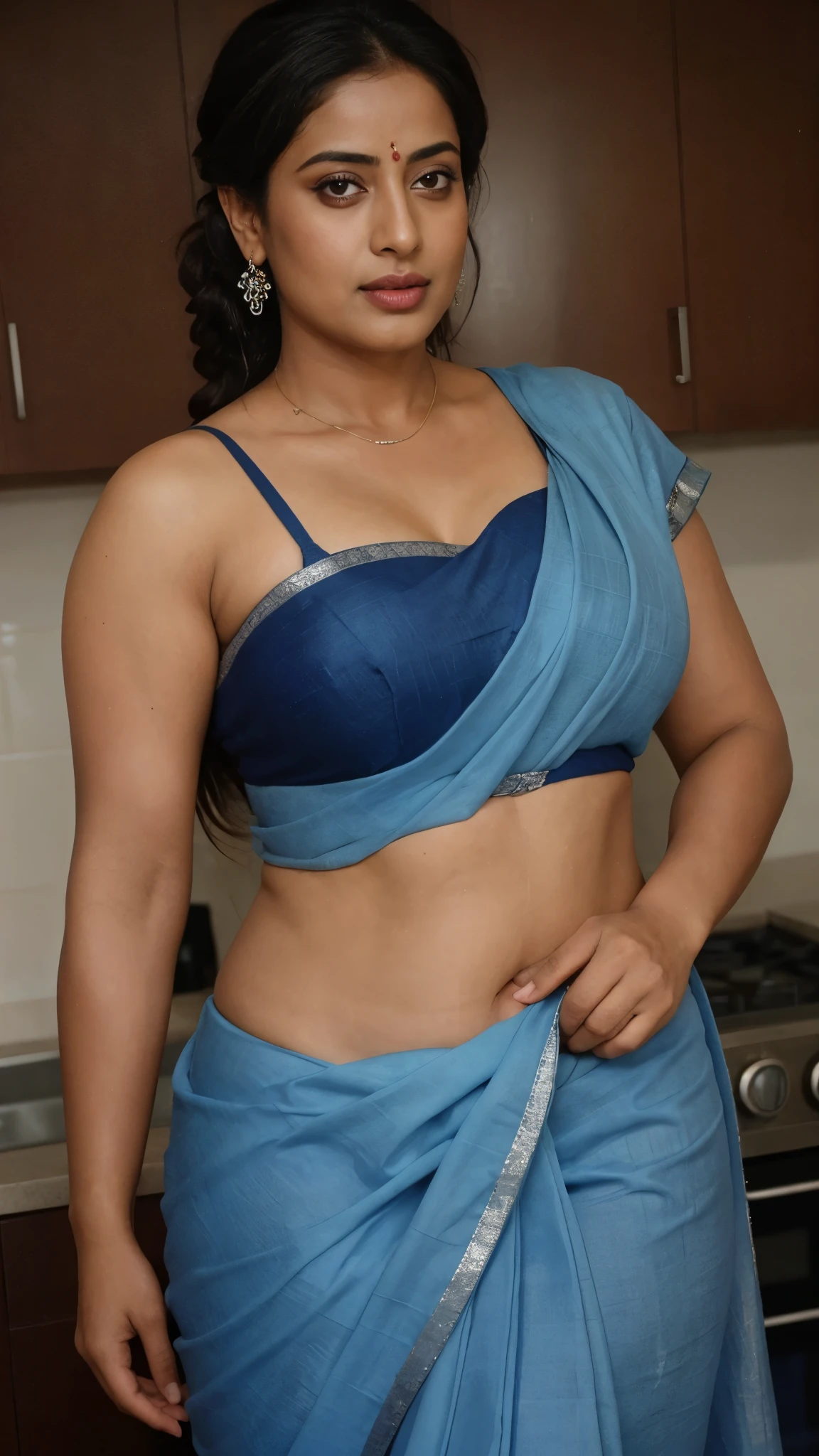 extreme close up photo of sexy mahie gill, front view, curvy, blue cotton saree, in kitchen, French braid hair