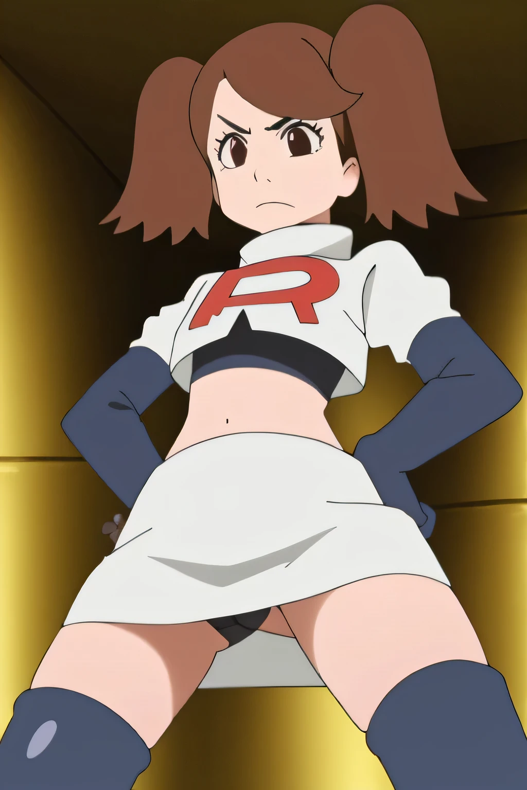 masterpiece,best quality,high res,high quality,8k, masterpiece,highres, team rocket uniform, red letter r, white skirt,white crop top,black thigh-high boots, black elbow gloves, glaring angrily, looking down at viewer, hands on hips, cowboy shot, zettai ryouiki,spread legs,from below, black panties,anime style, vivid colors, sharp focus, intense lighting,namida suzameno,two braids,brown hair,brown eyes
