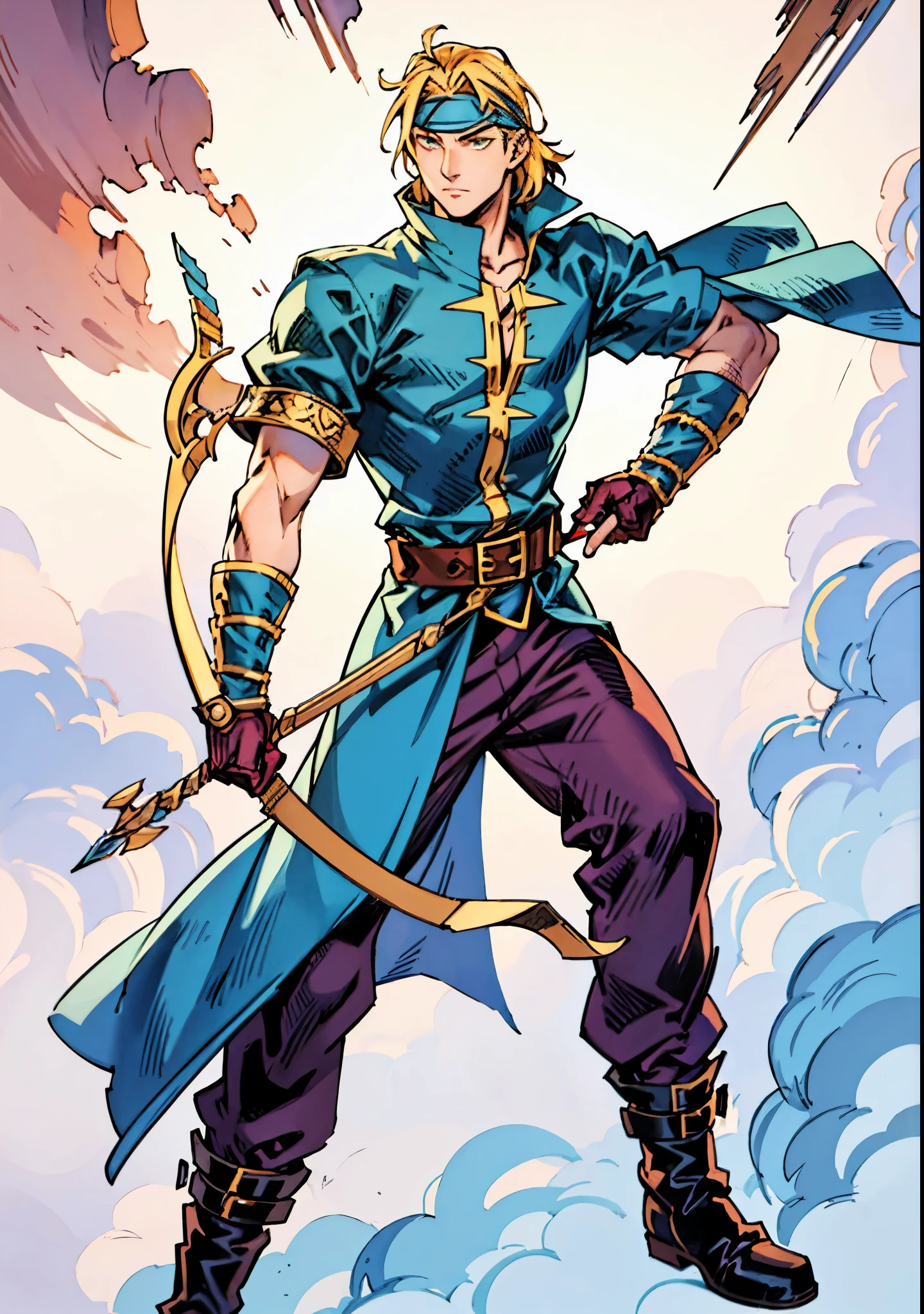 A young man with messy sky-blue short hair, a headband tied around his forehead, handsome face, calm expression, a fantasy-style short-sleeved robe coat with a unique half-side design, a green undershirt underneath, an archer's wrist guard, a cloth belt, coarse cloth trousers, leather boots, standing in a shooting stance, holding a longbow and drawing an arrow, overlooking the city from above, this character embodies a finely crafted fantasy-style archer in anime style, exquisite and mature manga art style, high definition, best quality, highres, ultra-detailed, ultra-fine painting, extremely delicate, professional, perfect body proportions, golden ratio, anatomically correct, symmetrical face, extremely detailed eyes and face, high quality eyes, creativity, RAW photo, UHD, 32k, Natural light, cinematic lighting, masterpiece-anatomy-perfect, masterpiece:1.5