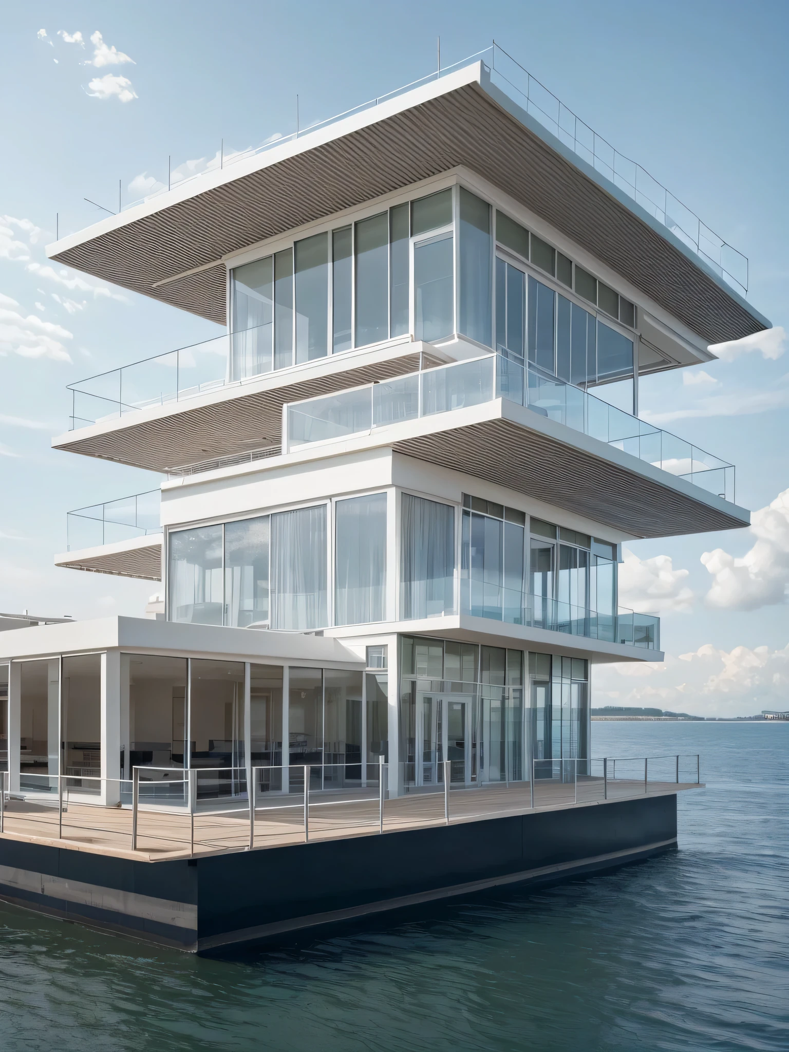 Museums at sea，Modular white mold，Cool colors，Long bars，Glass，Light，Mies van der Rohe style，Fresh style floating building ,Architectural Rendering, Modernist style，concept house, architectural visualization, norman foster style，Schematic diagram, , Ultra Detailed, Surrealism,  , Art Station, 4K, 8k, concept art, HD, Practical, high detail, high quality，Add analysis chart