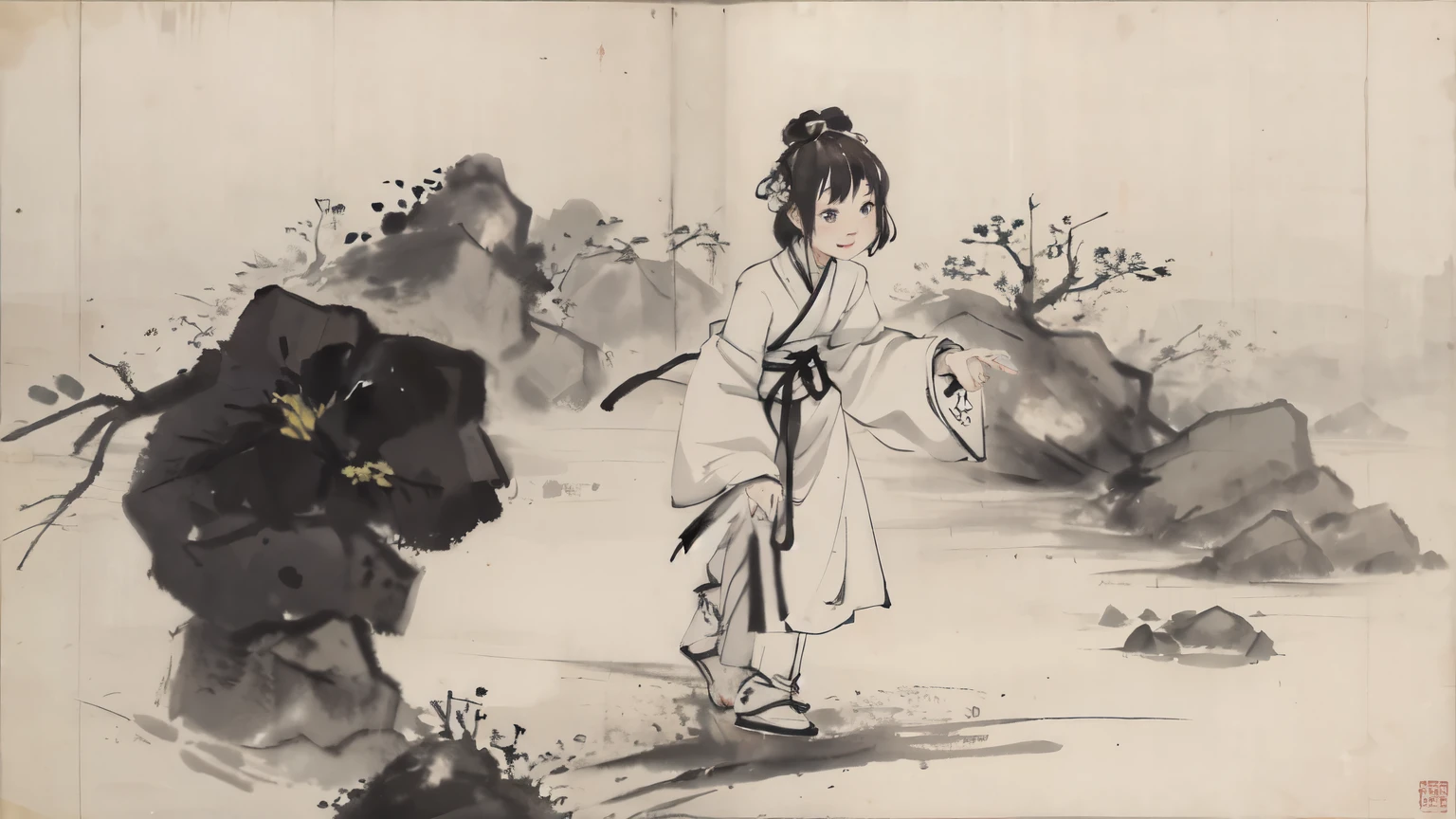 (masterpiece, best quality: 1.2), Traditional Chinese ink painting, A person standing and bending down