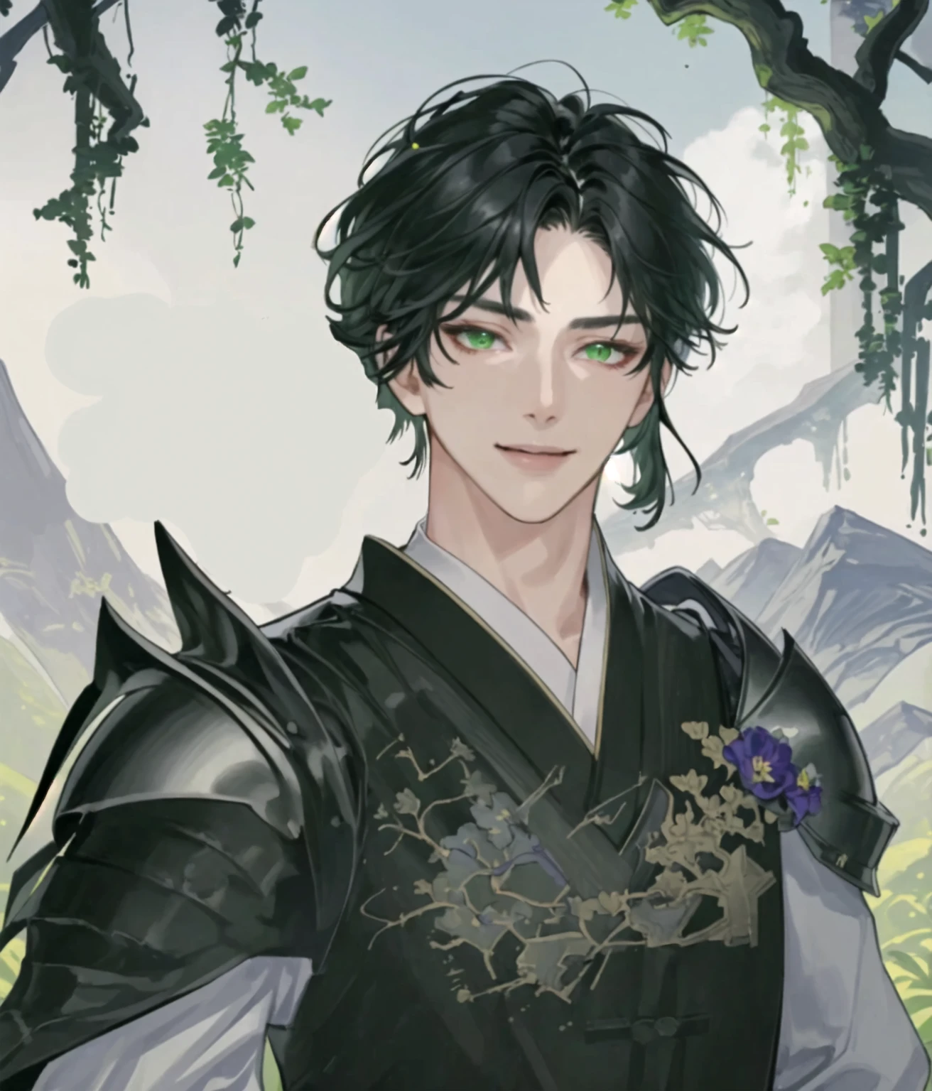 ((Masterpiece: 1.2, best quality)), nice middle, muscular, valiant, strong, black knight, short black hair, green eyes, uniform, black kimono, scar on right eye, black armor, fantasy, forest, blooming flowers, sunlight, fantastic light and shadow, landscape, highly detailed face, portrait, smile