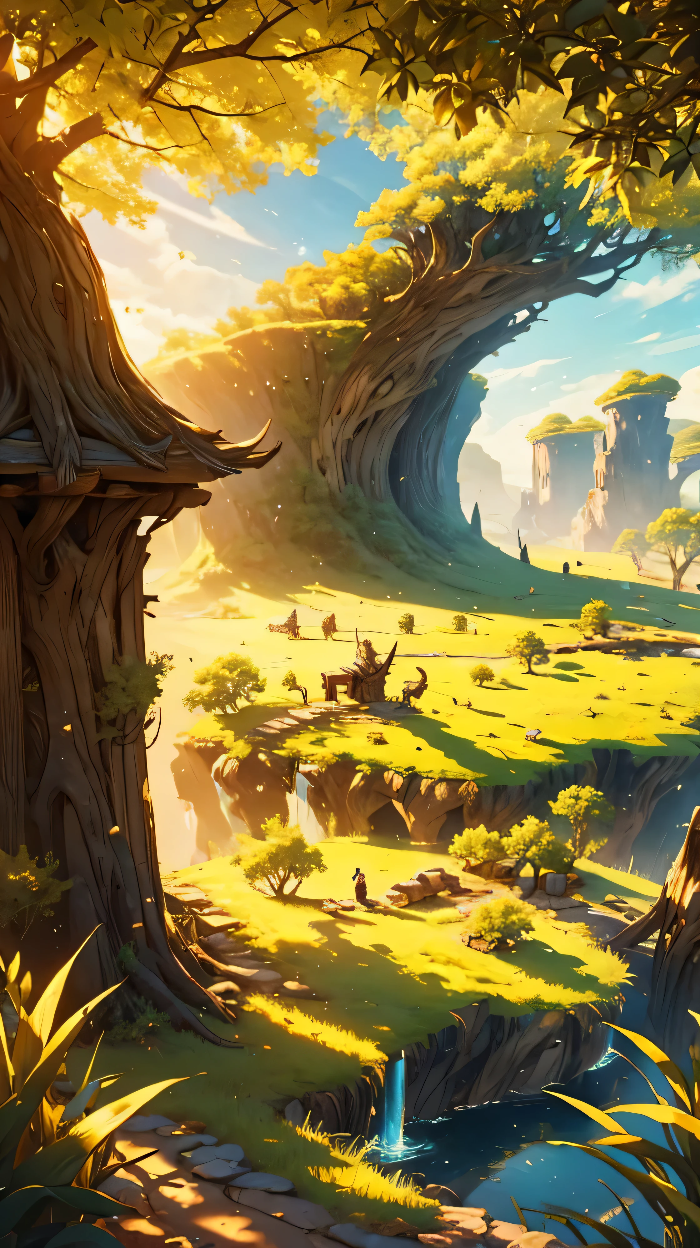 A vast, epic fantasy plateau on a wide savanna plain, . The scene is bathed in warm, golden sunlight, casting long shadows across the grassy landscape.