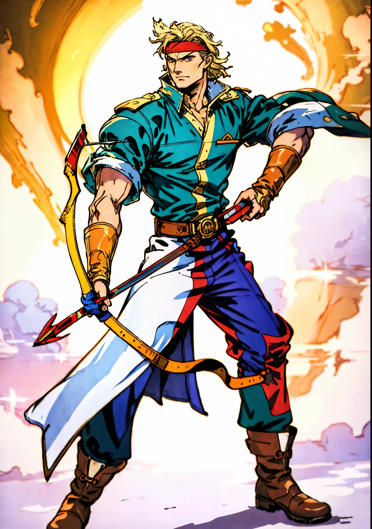 A young man with messy sky-blue short hair, a headband tied around his forehead, handsome face, calm expression, a fantasy-style short-sleeved robe coat with a unique half-side design, a green undershirt underneath, an archer's wrist guard, a cloth belt, coarse cloth trousers, leather boots, standing in a shooting stance, holding a longbow and drawing an arrow, overlooking the city from above, this character embodies a finely crafted fantasy-style archer in anime style, exquisite and mature manga art style, high definition, best quality, highres, ultra-detailed, ultra-fine painting, extremely delicate, professional, perfect body proportions, golden ratio, anatomically correct, symmetrical face, extremely detailed eyes and face, high quality eyes, creativity, RAW photo, UHD, 32k, Natural light, cinematic lighting, masterpiece-anatomy-perfect, masterpiece:1.5