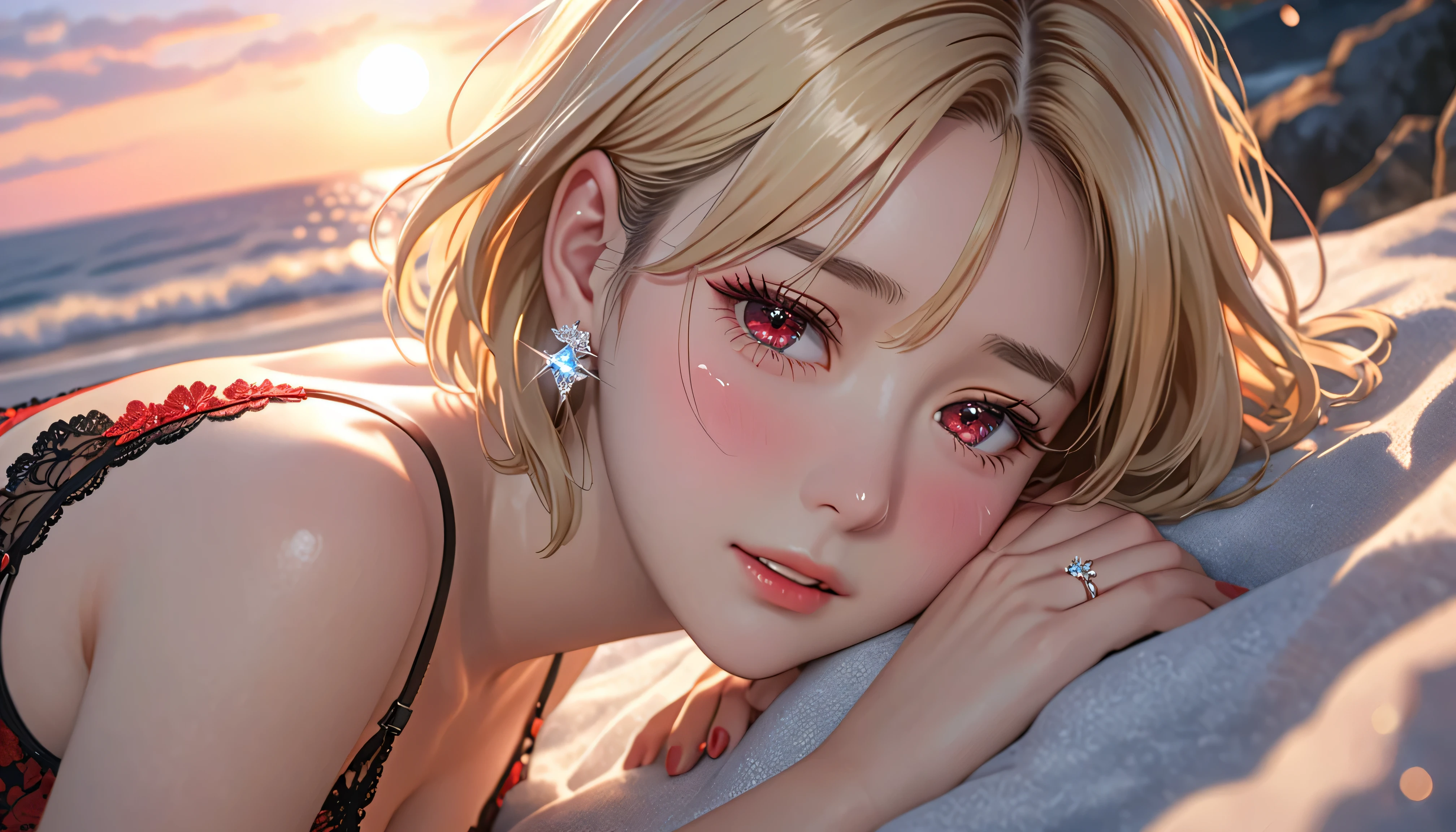 National Science Foundation,masterpiece,High resolution,8K,Art,digit,Three-dimensional,Realism,(Photographed from top down),Kyoto Animation Style,your name movie style,looking into camera,Sunset,Soft Light,Glowing skin,(1 female: 1.3),(alone: 1.4),(((blonde))),(Gorgeous,Sparkling red and black lace bra and briefs),Swarovski crystals on gorgeous lace bra,(crystal hairpin),(crystal necklace),(crystal earrings),(crystal bracelet),(Crystal ring),Long eyelashes,slender legs,Short Bob,Close-up of upper body,seaside,Lie on your side,(Starry eyes),(Opened his mouth),(blush),(shy),(shy),(((cry))),(((shed tears))),(((feel sad)))